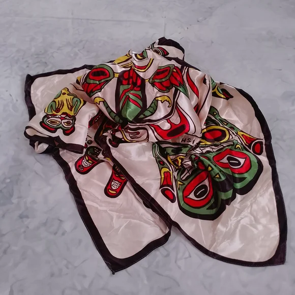 Vintage Native Canadian Haida Art Scarf Thunderbird Frog Fish Eagle Whale SILK - Picture 6 of 8